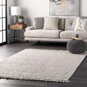 lot 7023 image: nuLOOM Hand Woven Chunky Natural Jute Farmhouse Area Rug, 5 ft x 8 ft, Off-white
