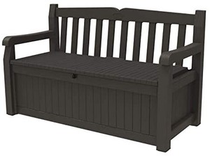 lot 8772 image: Keter Solana 70 Gallon Storage Bench Deck Box for Patio Furniture, Front Porch Decor and Outdoor Seating Perfect to Store Garden Tools and Pool Toys, Brown