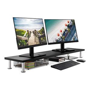 lot 9663 image: Large Dual Monitor Stand for Computer Screens, Bamboo Riser Supports Monitors, Printers, Laptops or TVs up to 100lbs, Perfect Shelf Organizer for Office Desk Accessories & TV Stands, Black