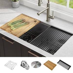 lot 10263 image: KRAUS Kore Workstation 33-inch Undermount 16 Gauge Double Bowl Stainless Steel Kitchen Sink