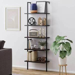 lot 10272 image: Nathan James Theo 5-Shelf Ladder Bookcase Walnut Brown Wood Black Metal Frame
