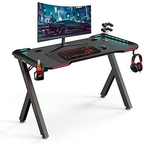 lot 10284 image: 47 Inch Gaming Desk, Gaming Table PC Computer Workstation with LED RGB Lights, Headphone Hook and Cup Holder for Home