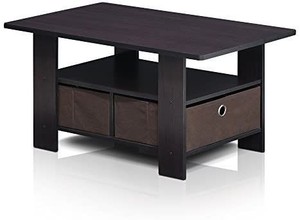 lot 22460 image: FURINNO Andrey Coffee Table with Bin Drawer, Dark Walnut