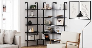 lot 22476 image: Nathan James Theo 5-Shelf Wood Modern Bookcase, Open Wall Mount Ladder Bookshelf with Industrial Metal Frame, Dark Brown NutmegBlack