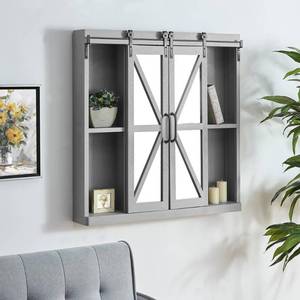 lot 265 image: FirsTime & Co. 34 x 5.5 x 33 in Square Wood Gray Mirrored Westerly Farmhouse Barn Door Cabinet