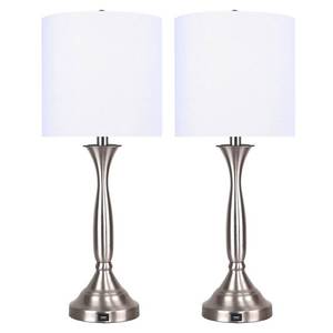 lot 339 image: 25.5 Metal Table Lamps w USB Port in Base and Linen Shades (Set of 2) Retail$98.49