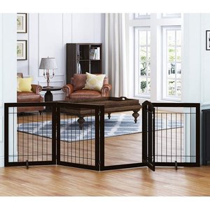 lot 1341 image: PAWLAND 96-inch Extra Wide 30-inches Tall Dog gate with Door Walk Through, Freestanding Wire Pet Gate for The House, Doorway, Stairs, Pet Puppy Safety Fence, Support Feet Included(Espresso)