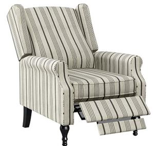 lot 374 image: The Gray Barn Hale Linen Farmhouse Woven Stripe Wingback Push Back Recliner Chair Retail$346.99