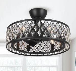 lot 1329 image: Matte Black 3-Blade Crystal Ceiling Fan with Light Kit - 18- Retail$272.99