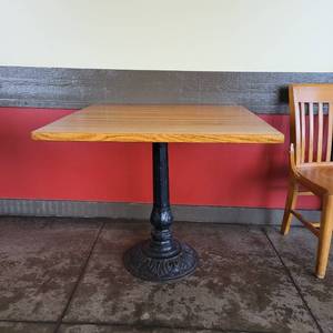 lot 33691 image: Wooden Square Table w a Metal Decorative Base