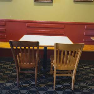 lot 33703 image: Wooden Table W Laminated Top & (2) Wooden Chairs