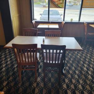 lot 33710 image: Wooden Rectangular Table W Laminated Table Tops and Metal Base