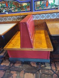 lot 59017 image: Double Sided Red Wooden Booth 43 x 45 x 40