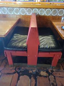 lot 35445 image: Double Sided Red Wooden Booth with (2) 2 Padded Seating&nbsp