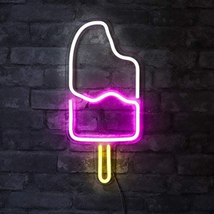 lot 3374 image: Isaac Jacobs 18�� x 8�� inch LED Neon ��White & Pink IceCream Popsicle�� Wall Sign for Cool Light, Wall Art, Bedroom Decorations, Home Accessories, Party, and Holiday D�cor Powered by USB Wire (POPSICLE)