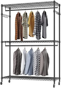 lot 3381 image: 3 Tiers Garment Rack with Storage Shelves, LEHOM Heavy Duty Rolling Free-Standing Clothing Rack Closet Organizer with Double RodsLocable Wheels &2 Pairs Side Hooks,Max Load 300 LBS, Black