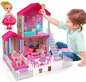 lot 3405 image: aotipol Dollhouse with Cloister, Stairs and Yard - Doll House and Furniture, Accessories, Pets, Doll - DIY Dollhouses Pretend Play Toys Building Toys for Girls Kids Indoor