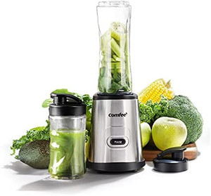 lot 5896 image: COMFEE Compact Personal Blender, with Tritan BPA-Free 20 Oz and 10 Oz Travel Cups with Lids, for Shakes, Frozen Drinks, Smoothies, Food Prep, 300-Watt Base, Stainless Steel 4pk