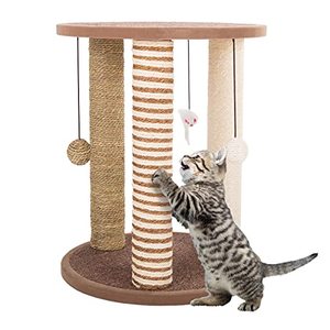lot 5914 image: Cat Scratching Post Tower with 3 Scratcher Posts, Carpeted Base Play Area and Perch �� Furniture Scratching Deterrent for Indoor Cats by PETMAKER (Tan)
