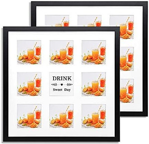 lot 5930 image: 16x16 Contemporary Black Wood Photo Picture Frame Square Set of 2 - Display Pictures 16x16 without Mat or 14x14  9 Opening, 3.5x3.5 with Mat Wall Frame (Black)