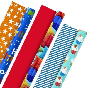 lot 5951 image: Hallmark All Occasion Reversible Wrapping Paper Bundle - Kids Birthday (3 Rolls - 75 sq. ft. ttl) Balloons, Stars, Cupcakes, Blue Stripes, Solid Red