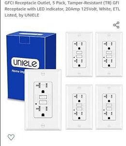lot 1124 image: GFCI Receptacle Outlet, 5 Pack, Tamper-Resistant (TR) GFI Receptacle with LED Indicator, 20Amp 125Volt, White, ETL Listed, by UNIELE