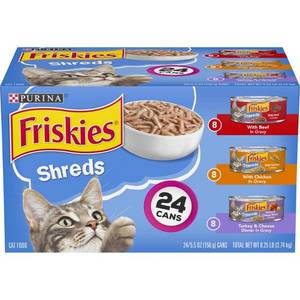 lot 1278 image: (24 Pack) Friskies Gravy Wet Cat Food Variety Pack, Shreds Beef, Chicken and Turkey & Cheese Dinner, 5.5 oz. Cans