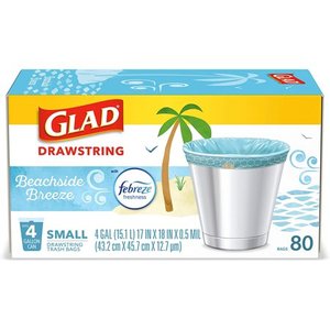 lot 1441 image: Glad OdorShield Small Drawstring Trash Bags, Febreze Beachside Breeze,4 Gal HAS BEEN OPENED AMOUNT UNKNOWN