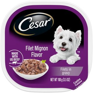 lot 1491 image: Bag of CESAR Wet Dog Food Filets in Gravy Filet Mignon Flavor, 3.5 oz. Easy Peel Tray