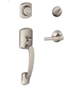 lot 1502 image: Schlage F60 Grw 619 Brw Greenwich Handleset, Satin Nickel
