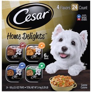 lot 1527 image: (24 Pack) CESAR HOME DELIGHTS Wet Dog Food Pot Roast & Vegetable, Beef Stew, Turkey Potato & Green Bean, and Hearth Chicken & Noodle Variety Pack, 3.5 oz. Easy Peel Trays