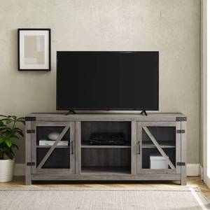 lot 9861 image: Walker Edison W58BDGDGW 58 in. Glass Barn Door Farmhouse TV Stand Console, Grey Wash - Retail$267.00