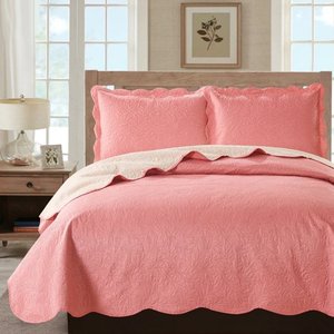 lot 9780 image: Sherry 3pc Reversible Solid Quilt Set Coral & Beige - King Size