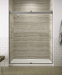 lot 9796 image: KOHLER Levity Sliding Shower Door 74x56 And 58th With 14in Frosted Glass With Vertical Blade Handles, Bright Silver