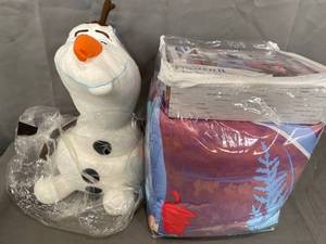 lot 1603 image: Frozen II Full Sheet Set and Olaf Plush