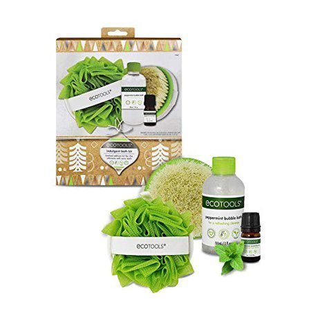 lot 60051 image: EcoTools Indulgent Bath Gift Kit with Bubble Bath, Dry Body Brush, Loofah Bath Sponge, and Peppermint Essential Oil