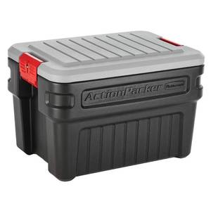 lot 1866 image: Rubbermaid 24 Gal Action Packer Lockable Latch Storage Container, Black (2 Pack)
