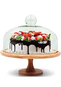lot 68407 image: Ikuart Wood Cake Stand, Round Cake Plate with Glass Dome, Bamboo Wood and Clear Glass Lid - for Use at Cocktail and Wine Tasting Parties, Weddings, Parties Open Box