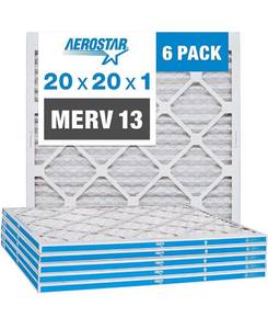 lot 68423 image: Aerostar 20x20x1 MERV 13 Pleated Air Filter, AC Furnace Air Filter, 6 Pack (Actual Size 19 34 x 19 34 x 34) Open Box