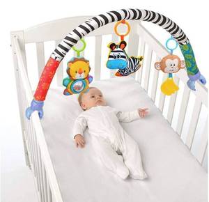 lot 68429 image: VX-star Baby Travel Play Arch StrollerCrib Accessory,Cloth Animmal Toy and Pram Activity Bar with RattleSqueakTeethers(Stripe) Open Box