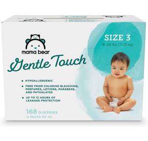 lot 68438 image: Amazon Brand - Mama Bear Gentle Touch Diapers, Hypoallergenic, Size 3, 168 Count (4 packs of 42)