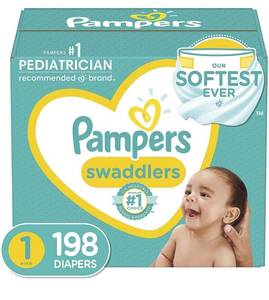lot 68439 image: Diapers Size 1 (8-14 lbs) Newborn, 198 Count - Pampers Swaddlers Disposable Baby Diapers, ONE MONTH SUPPLY (Packaging May Vary)