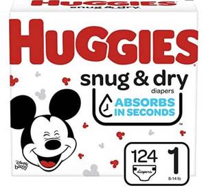 lot 68444 image: HUGGIES Snug & Dry Baby Diapers, Size 1, White, 124 Count