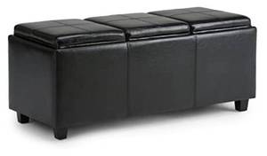 lot 68474 image: SIMPLIHOME Avalon 42 inch Wide Rectangle Storage Ottoman in Upholstered Midnight Black Faux Leather, Coffee Table for the Living Room, Bedroom, Contemporary Open Box