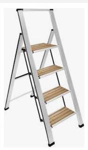 lot 68475 image: Sorfey Premium 4 Step Modern Bamboo Ladder. Lightweight,-Ultra Slim Profile, Anti Slip Steps, Sturdy-Portable for Home, Office, Kitchen, Photography Use, Silver Aluminum Finish Open Box