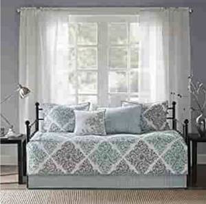 lot 68494 image: Madison Park Claire Daybed Size Quilt Bedding Set - Aqua, Grey , Leaf Geometric �� 6 Piece Bedding Quilt Coverlets �� Ultra Soft Microfiber Bed Quilts Quilted Coverlet Open Box