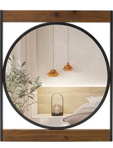 lot 68497 image: Wood Decorative Round Wall Mirror with Rectangle Frame for Bathroom, Living Room, Entryway, Bedroom, 22 H x19 L Open Box