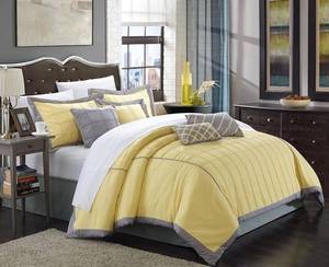 lot 68499 image: Chic Home 111CQ111-AN 8 Piece Rhodes Pintuck Color Block Comforter Set, Queen, Yellow Open Box