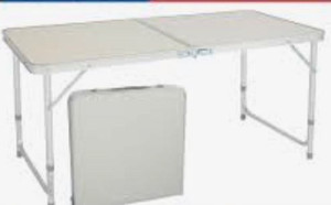 lot 66709 image: FiveJoy Folding Camping Table, 4 FT Aluminum Height Adjustable Lightweight Desk Portable Handle, Roll Up Top Weatherproof and Rust Resistant Table for Outdoor Picnic Beach Backyard, 47 x 24,White Open Box
