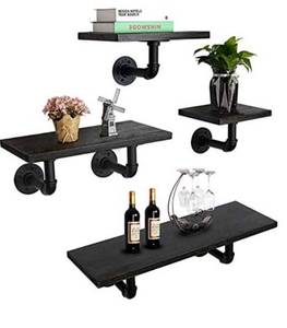 lot 66733 image: MANTE BLONG 24-Inch Industrial Pipe Floating Shelves Wall Mounted, Rustic Wood Wall Shelves Set of 4, carbonized black.